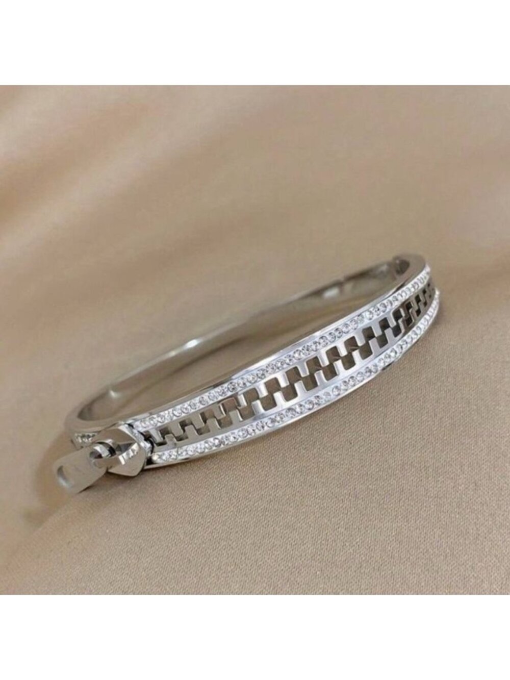 Silver Plated Stainless Steel Zipper Cuff Bracelet | CZ  Tarnish-Resistant